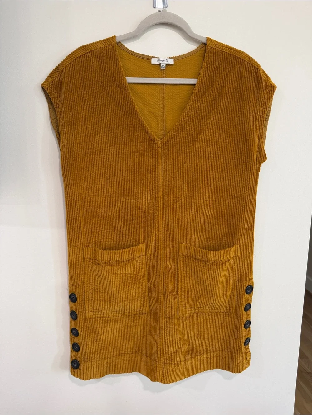 Madewell Sleeveless Corduroy V-Neck Dress in Mustard Gold